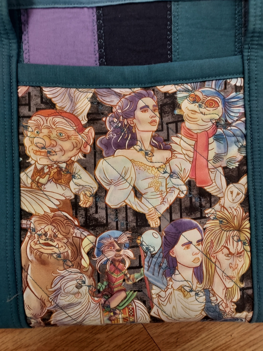 Teal Patchwork Tote with Illustrated Panel
